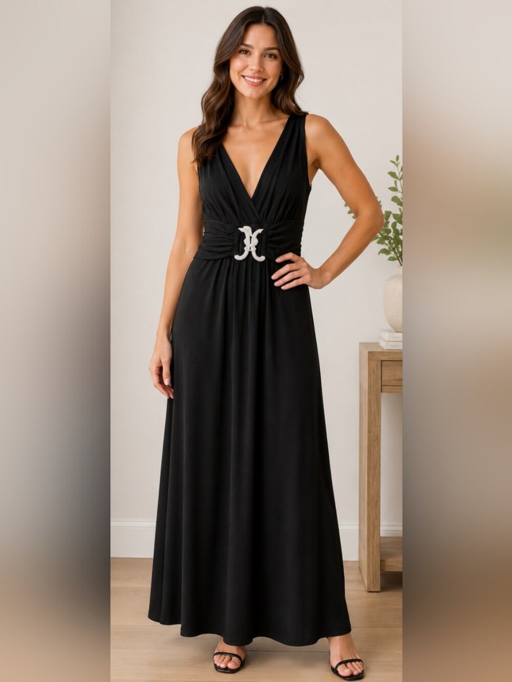 Donutz Inc Black Sleeveless Maxi Dress Rhinestone Butterfly Waist Detail Size S